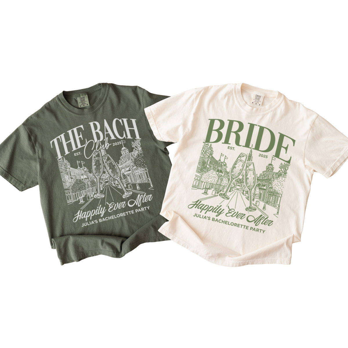 Two bachelorette t-shirts, one green and one beige, with 'The Bach' and 'Bride' text on a white background.