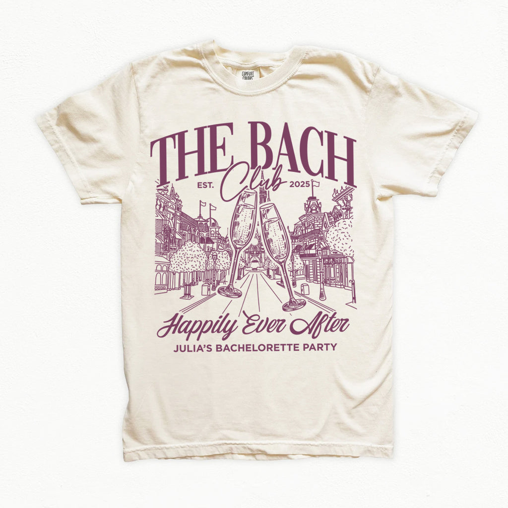 Beige bachelorette t-shirt with purple graphic design and text on a white background