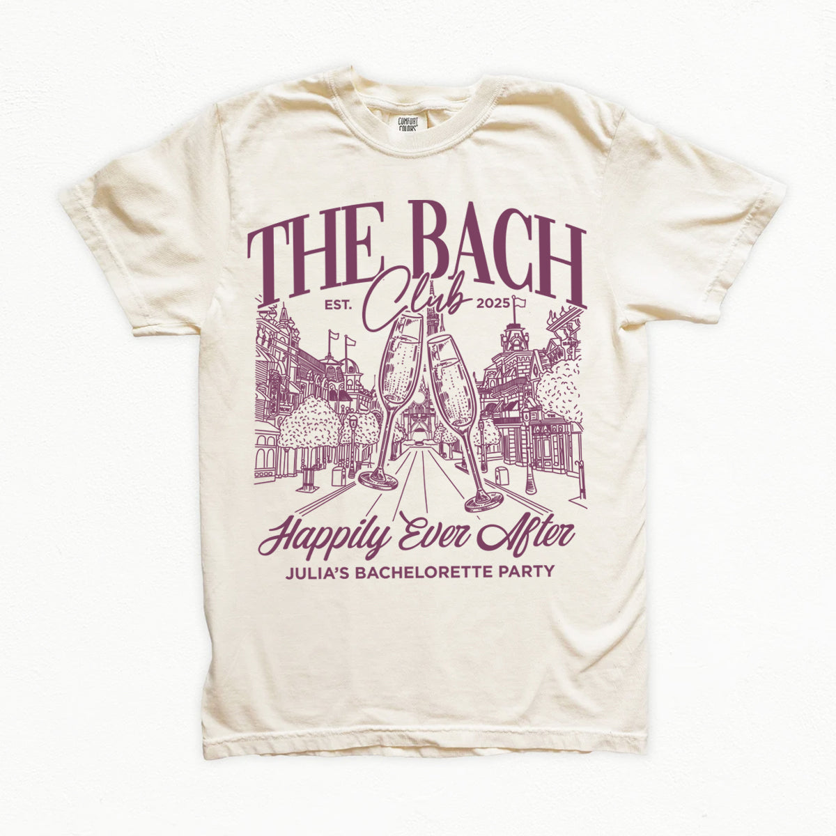 Beige bachelorette t-shirt with purple graphic design and text on a white background