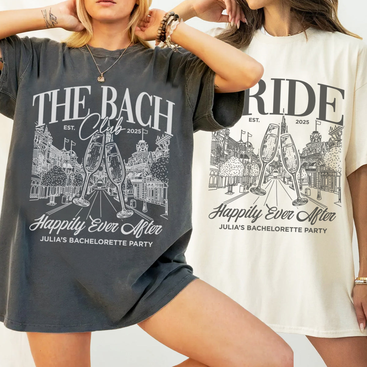 Two people wearing bachelorette t-shirts with 'The Bach Club' and 'RIDE' designs for a bachelorette party.