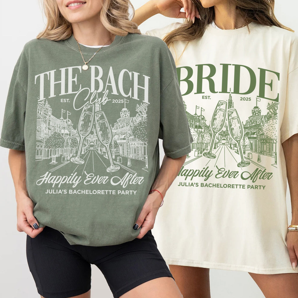 Two people wearing bachelorette t-shirts with 'The Bach Club' and 'Bride' text and graphics.