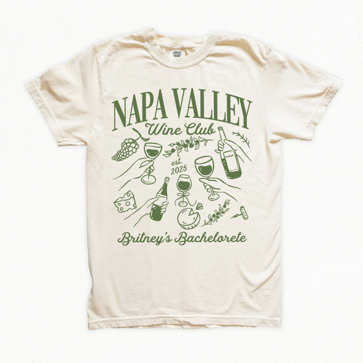 White bachelorette t-shirt with green 'Napa Valley Wine Club' design on a white background