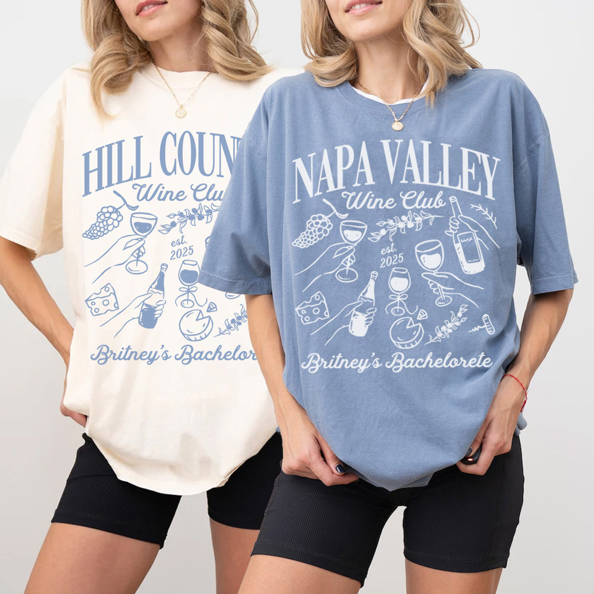 Two women wearing bachelorette t-shirts with 'Hill Country Wine Club' and 'Napa Valley Wine Club' designs.