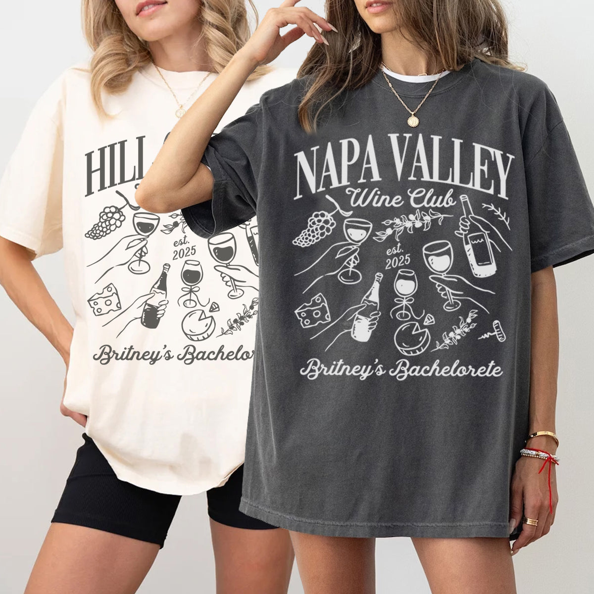 Two people bachelorette wearing t-shirts with 'Napa Valley Wine Club' and 'Hill' designs on a plain background.