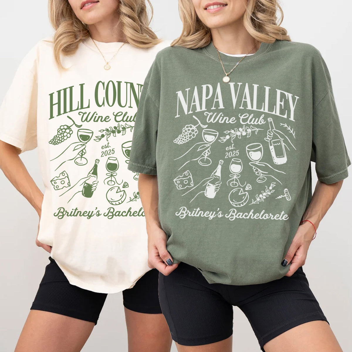 Two people wearing bachelorette t-shirts with 'Hill Country Wine Club' and 'Napa Valley Wine Club' designs.
