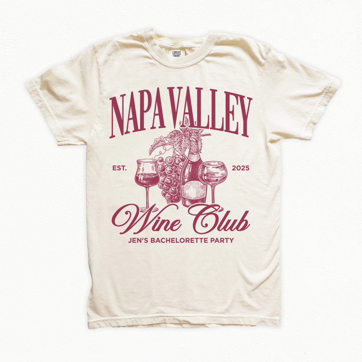 Beige t-shirt with 'Napa Valley Wine Club' bachelorette design in red on a white background