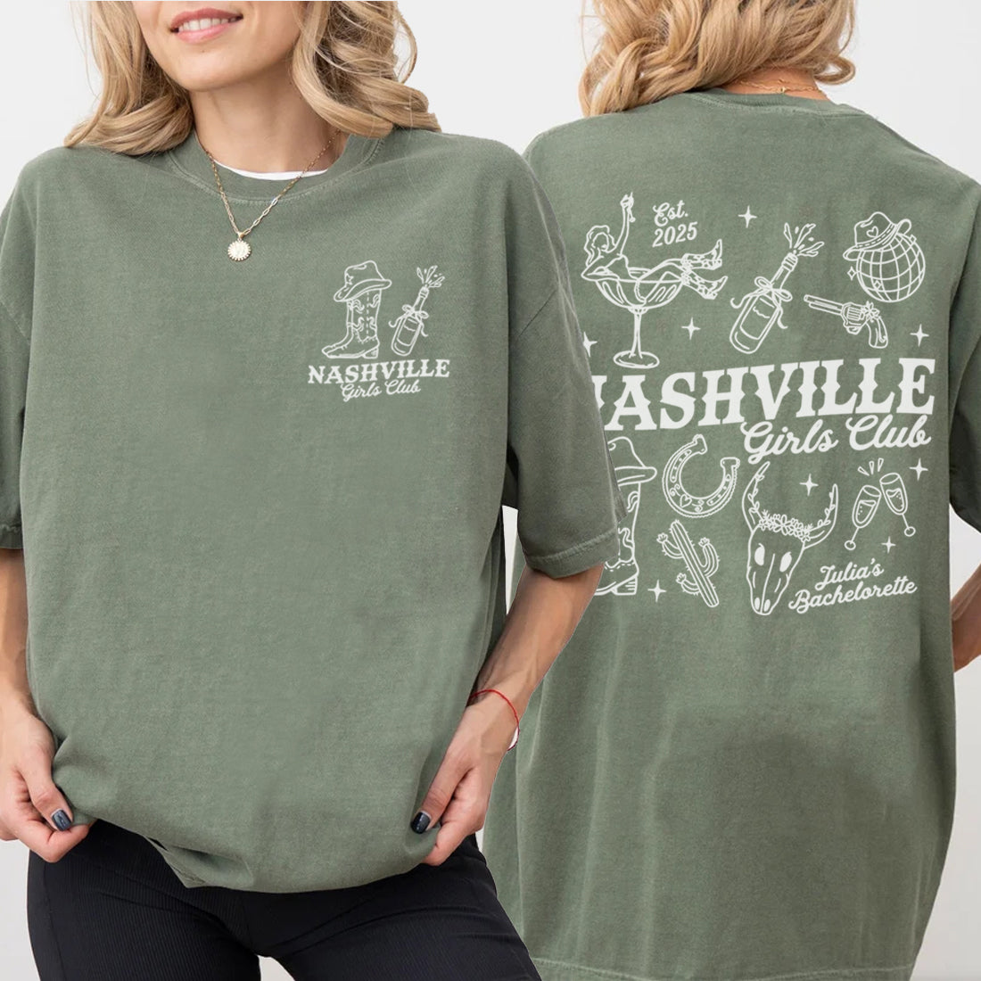 Green t-shirt with 'Nashville Girls Club' bachelorette design on front and back worn by a person.