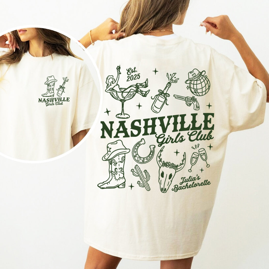 White t-shirt with 'Nashville Girls Club' bachelorette design on a white background