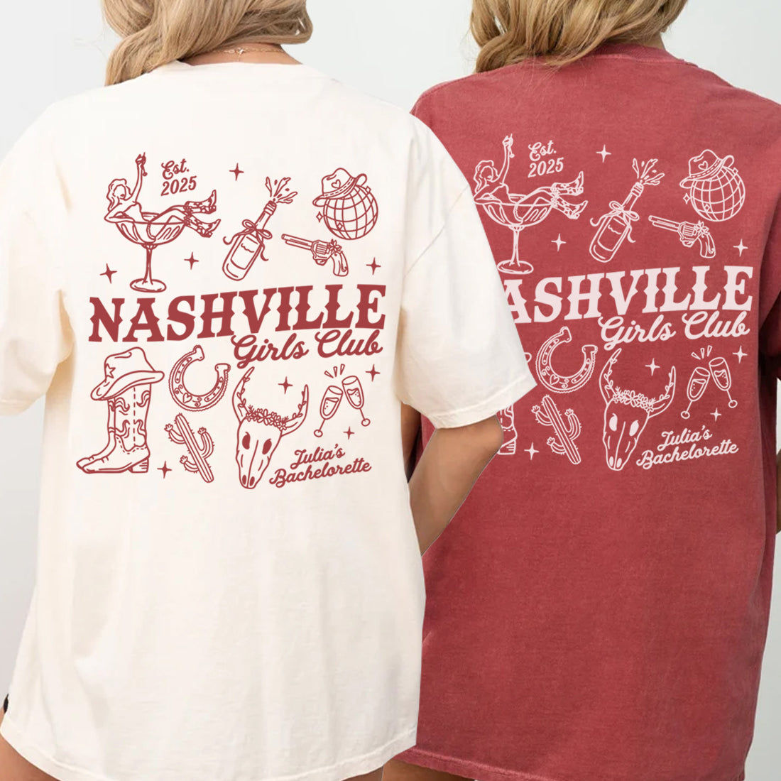 Two t-shirts with 'Nashville Girls Club' bachelorette design on the back, one white and one red.