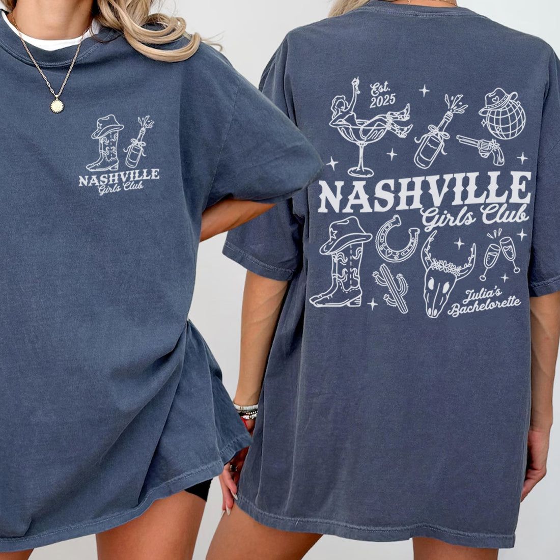 Two blue t-shirts with 'Nashville Girls Club' bachelorette designs on a plain background