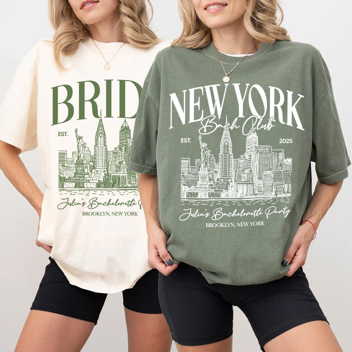 Two people wearing t-shirts with New York city bachelorette party