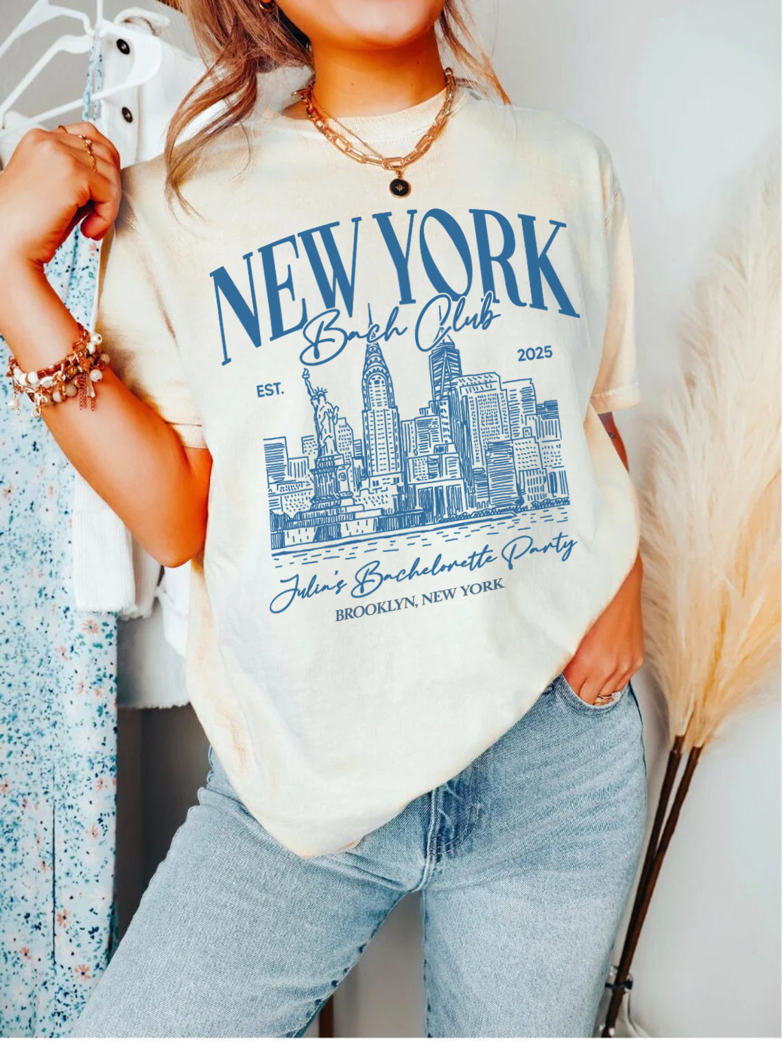 person wearing New York bachelorette T shirt, customizable with your own name and city